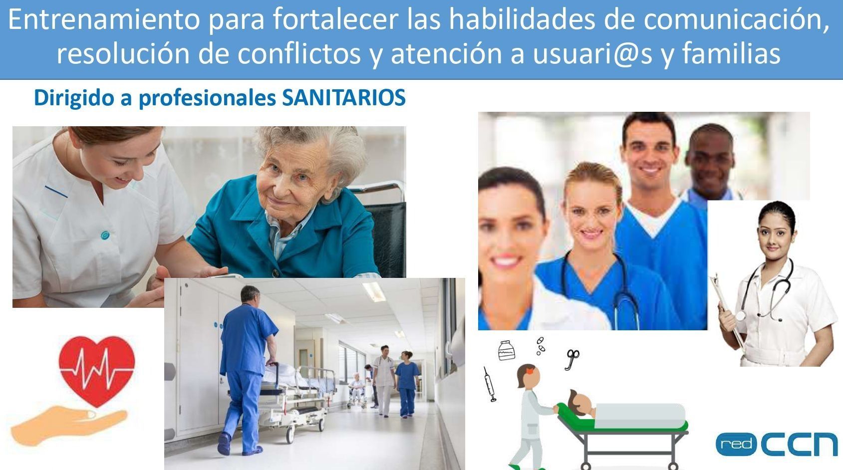 Un collage de imágenes de médicos y enfermeras en español.