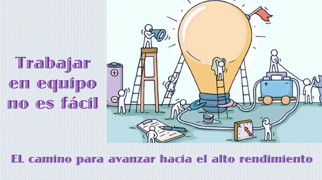 A cartoon of people working on a light bulb says trabajar en equipo no es facil